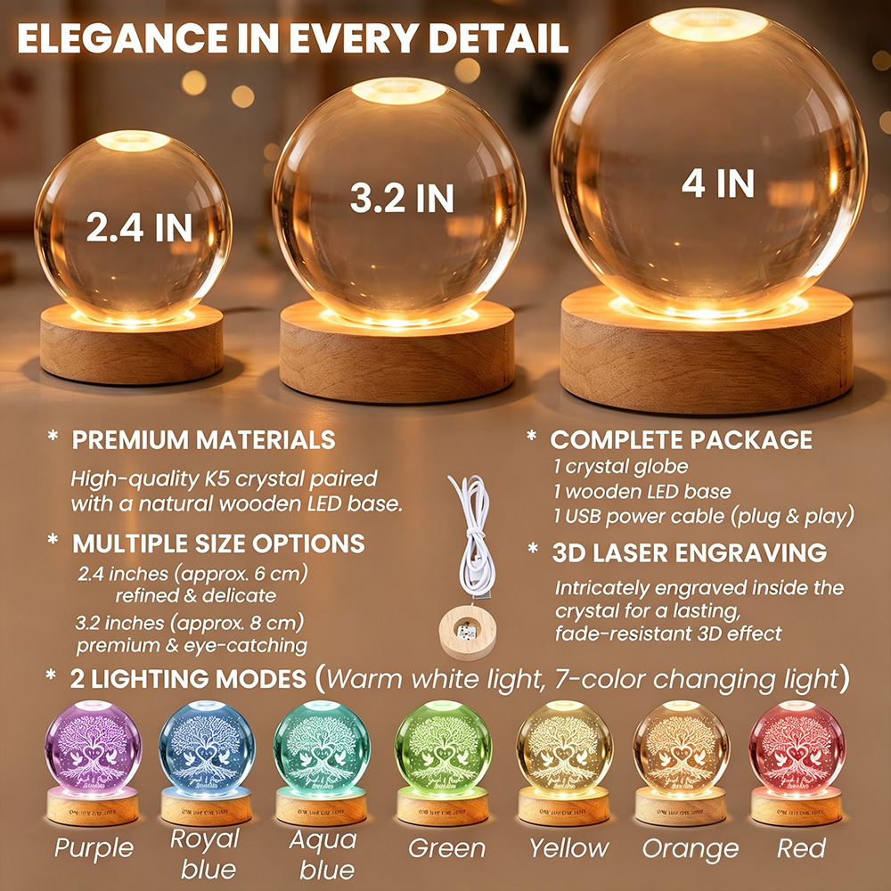 Personalized Tree of Love Crystal LED Ball Light – Custom Wedding Anniversary Gift for Couples, Romantic Home Decor Keepsake