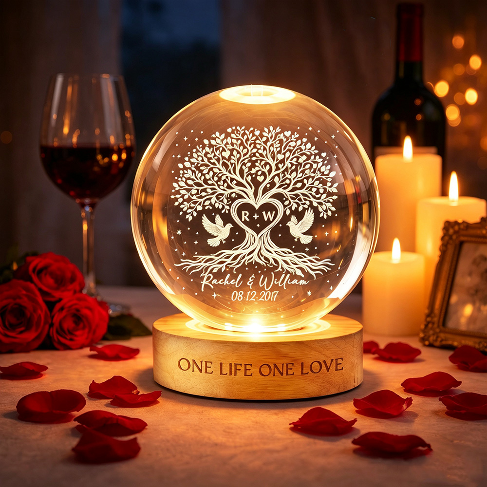 Personalized Tree of Love Crystal LED Ball Light – Custom Wedding Anniversary Gift for Couples, Romantic Home Decor Keepsake