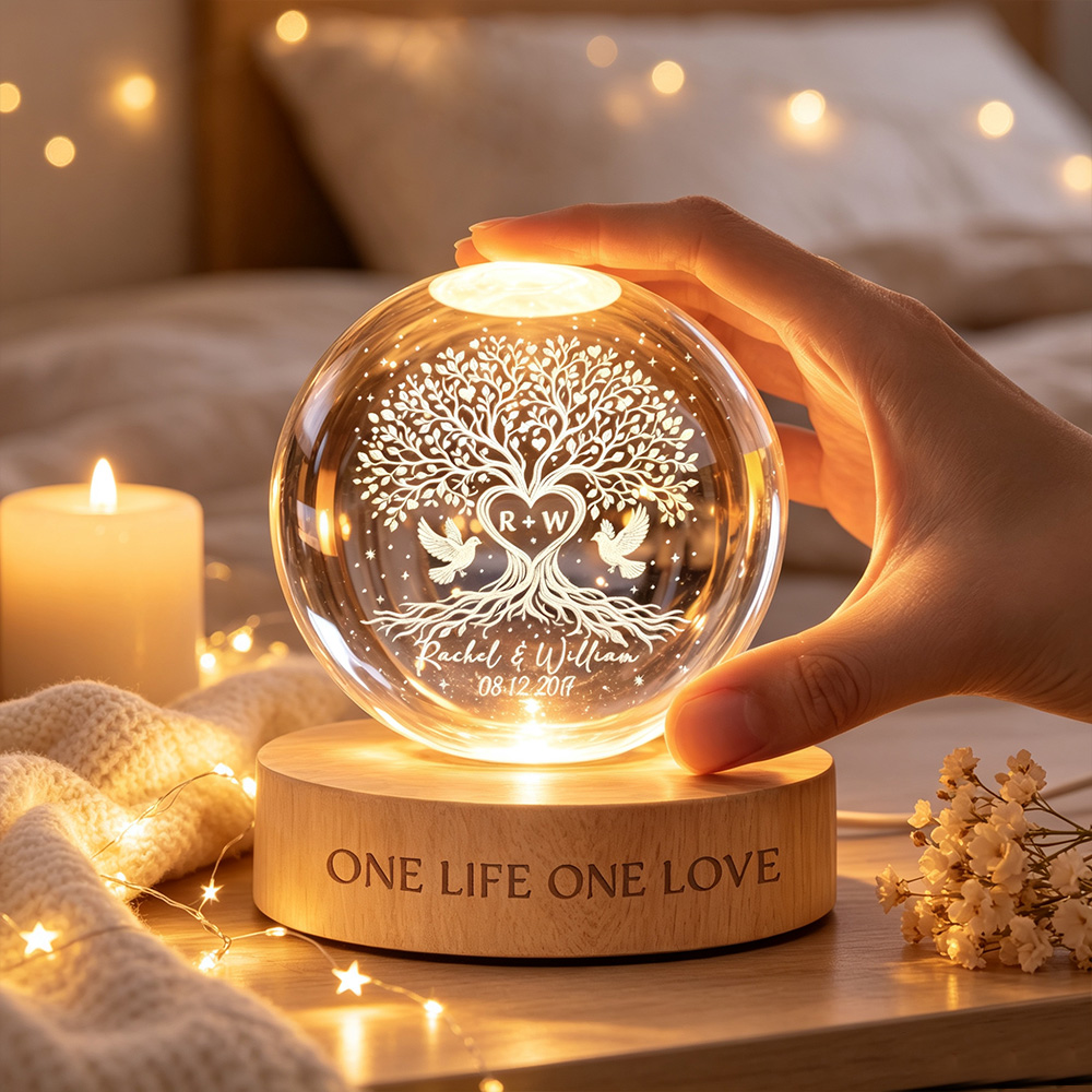 Personalized Tree of Love Crystal LED Ball Light – Custom Wedding Anniversary Gift for Couples, Romantic Home Decor Keepsake