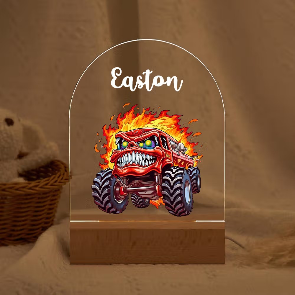 Personalized Monster Truck LED Night Light with Name, Custom Acrylic Lamp with Wooden Base & 7 Colors, Gift for Kids