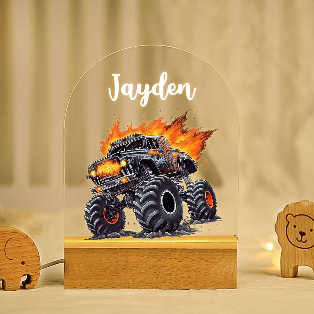 Personalized Monster Truck LED Night Light with Name, Custom Acrylic Lamp with Wooden Base & 7 Colors, Gift for Kids