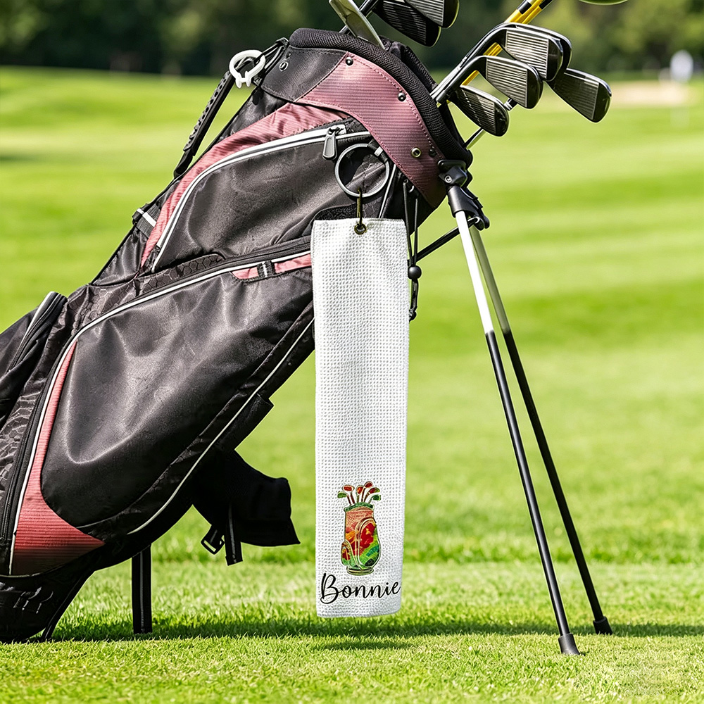 Personalised Watercolour Golf Bag Waffle Towel with Name, Absorbent Golf Towel with Hanging Clip, Birthday Gift for Golfers
