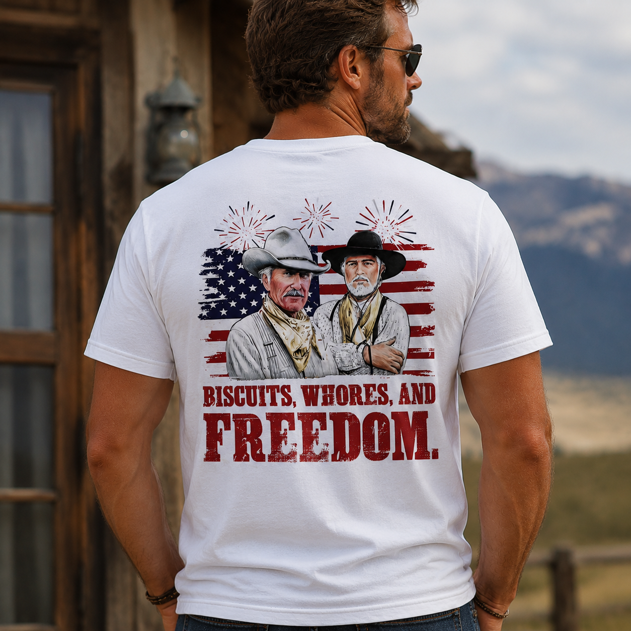 Biscuits, Whores, and Freedom American Patriotic Cowboy Graphic T-Shirt