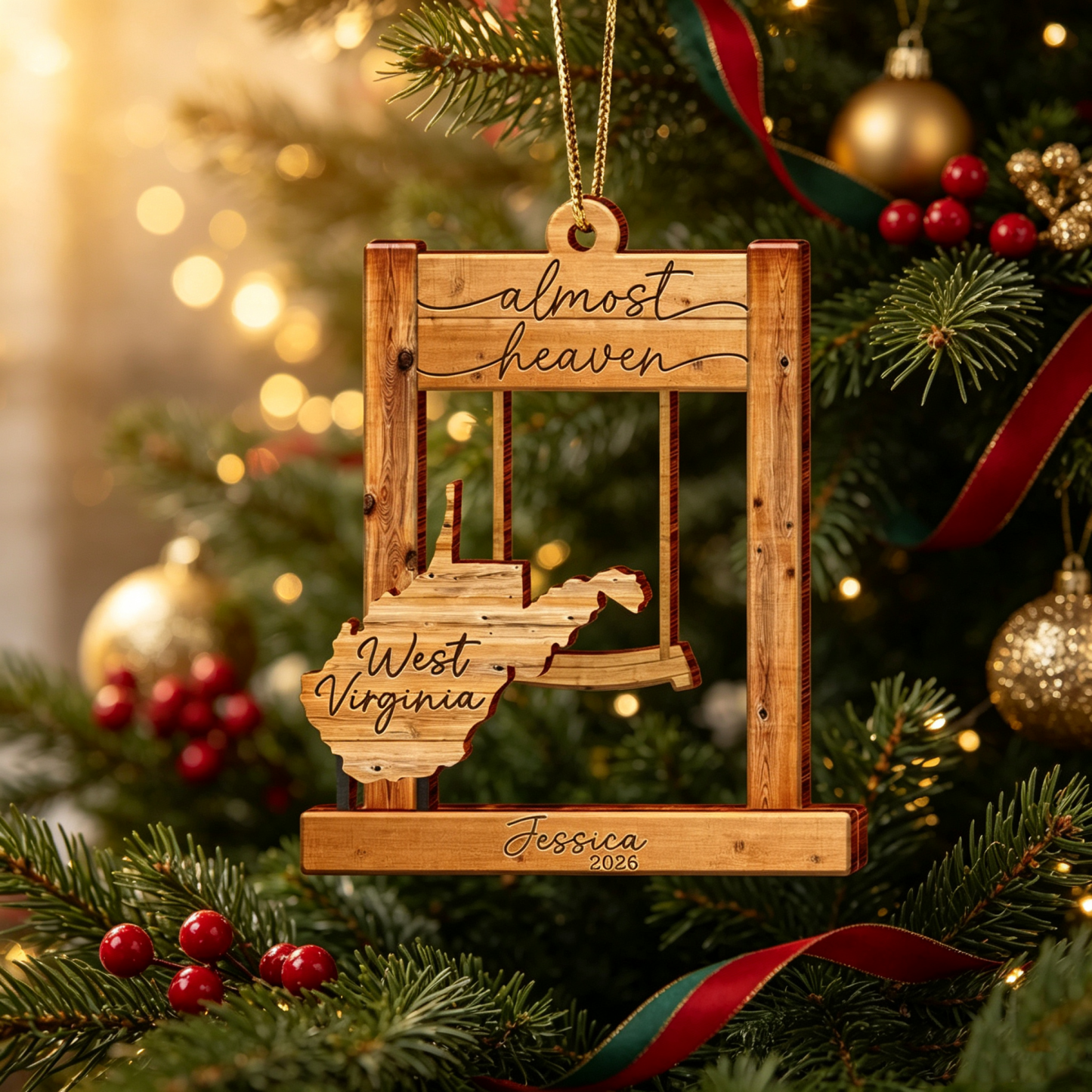 Personalized West Virginia Swing Ornament – “Almost Heaven” Layered Wooden State Keepsake, Custom WV Home Decor Gift