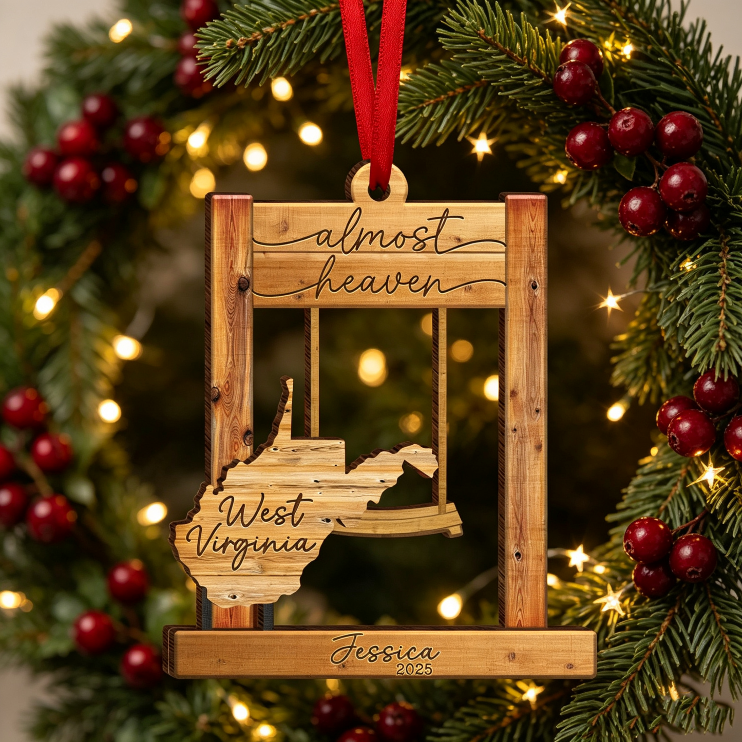 Personalized West Virginia Swing Ornament – “Almost Heaven” Layered Wooden State Keepsake, Custom WV Home Decor Gift