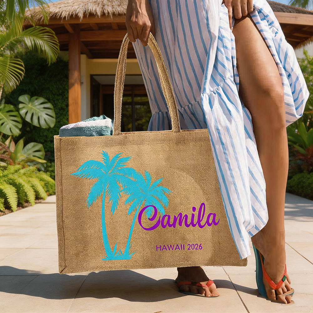 Personalized Palm Tree Jute Tote Bag with Name, Custom Beach Bag for Girls Trip, Bridesmaid Gift and Summer Travel Accessory