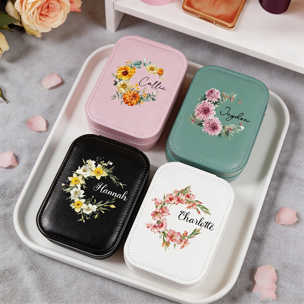Personalized Birth Flower Jewelry Box with Name and LED Mirror, Leather Travel Jewelry Organizer Birthday Gift for Women