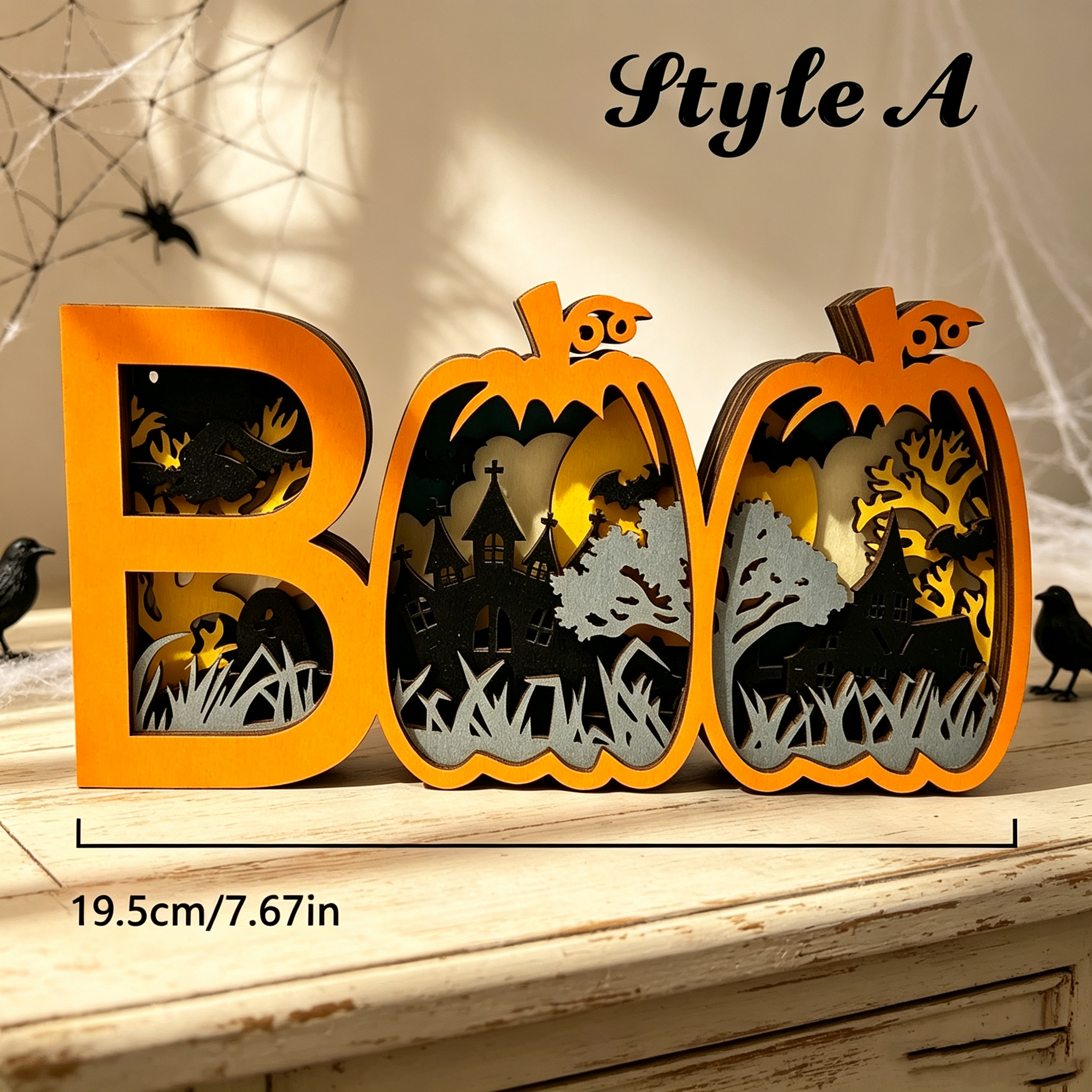 Light-Up Wooden BOO Halloween Sign – 3D Layered Ghost & Pumpkin Tabletop Decor, Spooky Seasonal Home Decoration