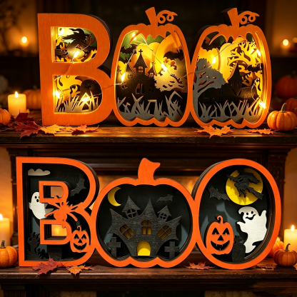 Light-Up Wooden BOO Halloween Sign – 3D Layered Ghost & Pumpkin Tabletop Decor, Spooky Seasonal Home Decoration
