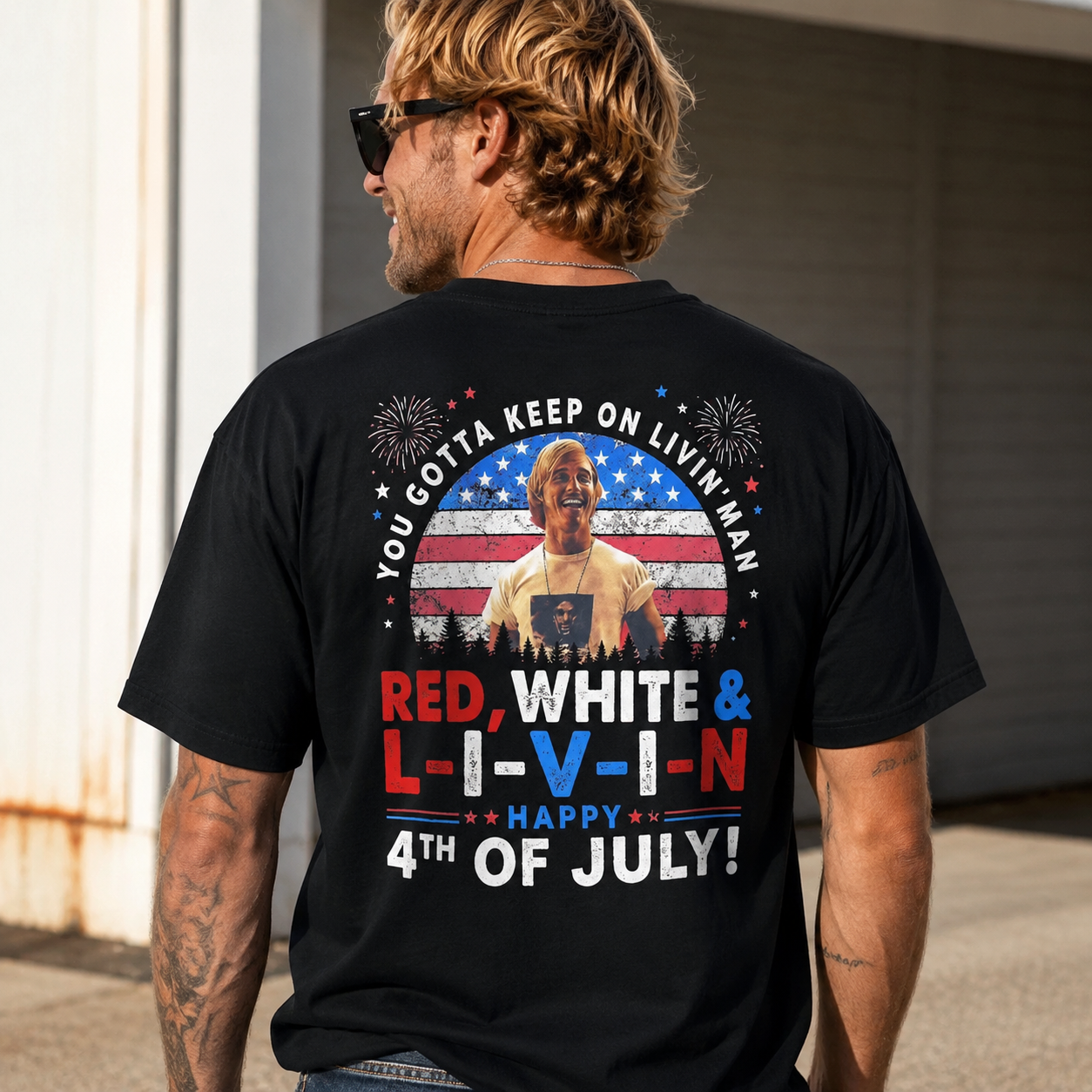 Red White & Livin’ 4th of July Patriotic Graphic Tee | Vintage USA Flag Independence Day T-Shirt