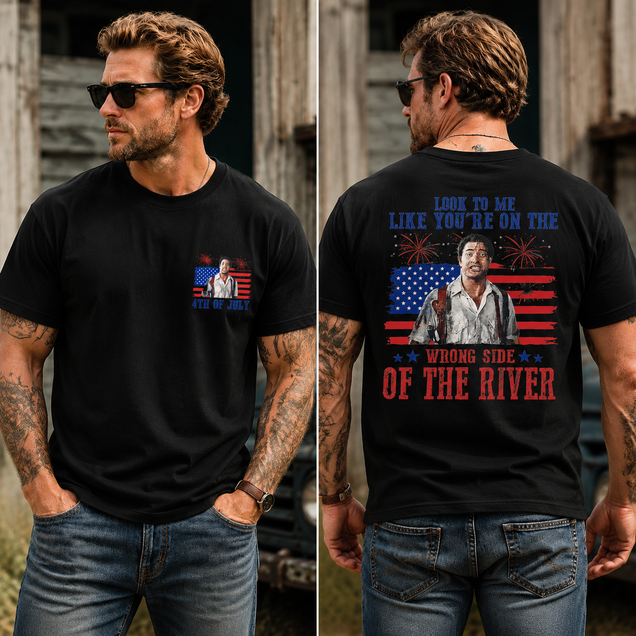 Wrong Side of the River Vintage 4th of July Patriotic Graphic Tee – American Flag Fireworks Humor T-Shirt