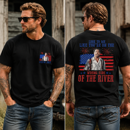 Wrong Side of the River Vintage 4th of July Patriotic Graphic Tee – American Flag Fireworks Humor T-Shirt