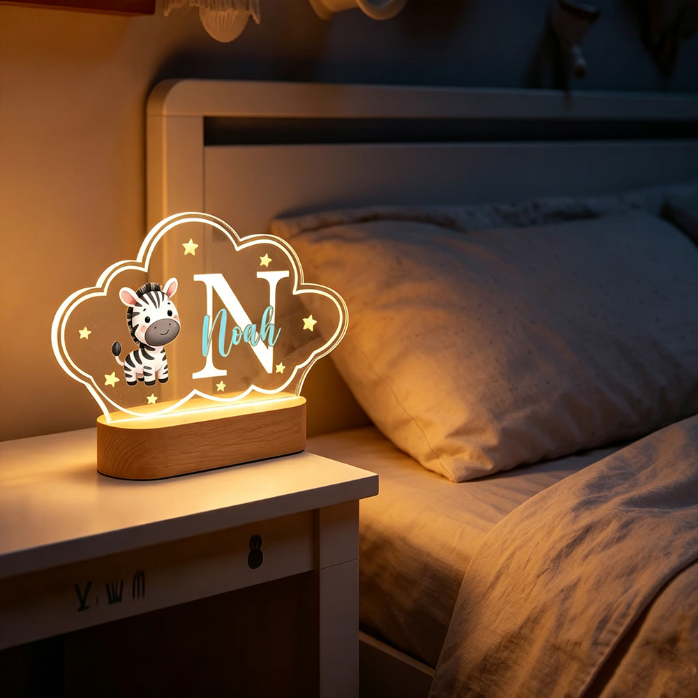 Personalized Bear Cloud LED Night Light with Name, Custom Acrylic Lamp with Wooden Base, Baby Nursery Decor Birthday Christmas Gift for Kids