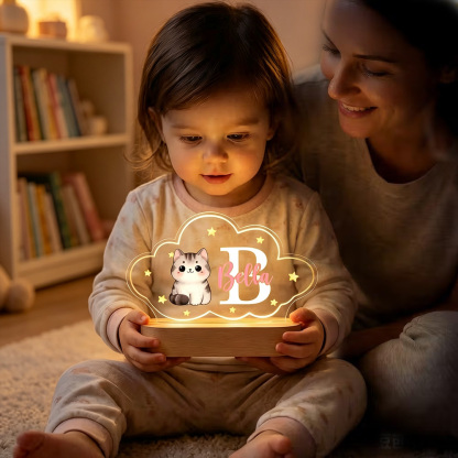 Personalized Bear Cloud LED Night Light with Name, Custom Acrylic Lamp with Wooden Base, Baby Nursery Decor Birthday Christmas Gift for Kids