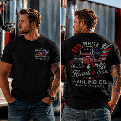 Red, White & 1987 Vintage Trucking Graphic Tee – Hawk & Son Hauling Co. Patriotic T-Shirt
