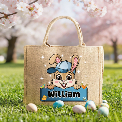 Personalized Easter Bunny Jute Tote Bag with Name, Custom Easter Egg Hunt Bag, Gift for Boys & Girls