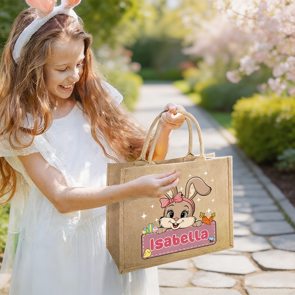 Personalized Easter Bunny Jute Tote Bag with Name, Custom Easter Egg Hunt Bag, Gift for Boys & Girls