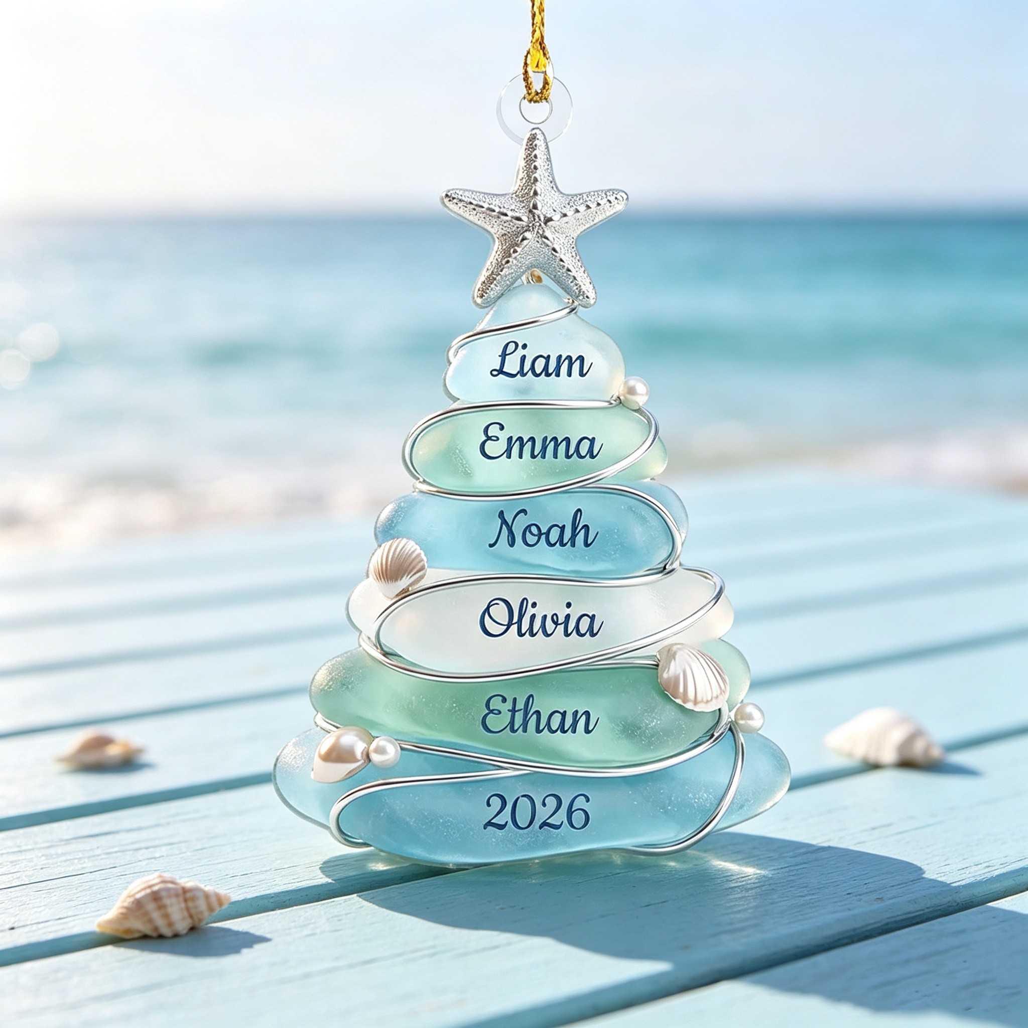 Personalized Sea Glass Christmas Tree Ornament, Custom Family Name Ornament, Coastal Beach Christmas Decor, Grandparents Gift, Up to 13 Names
