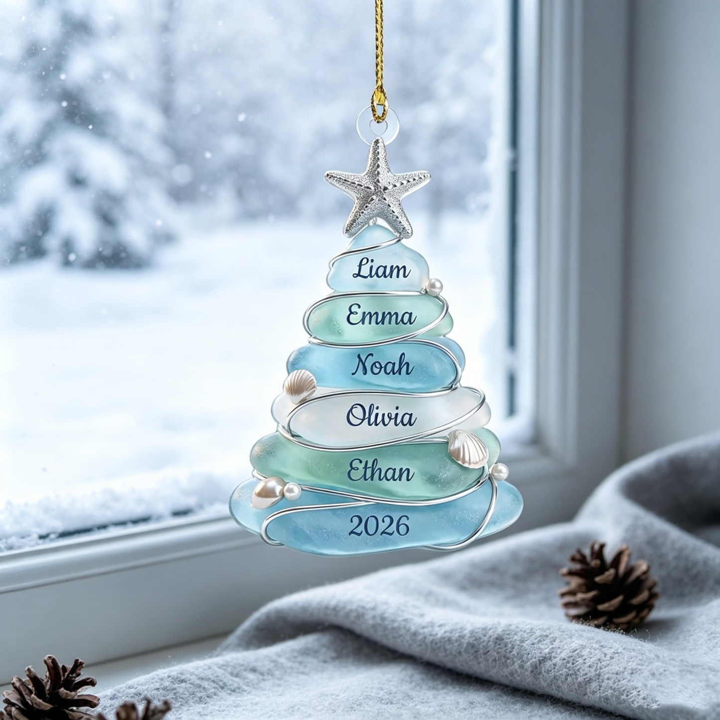 Personalized Sea Glass Christmas Tree Ornament, Custom Family Name Ornament, Coastal Beach Christmas Decor, Grandparents Gift, Up to 13 Names