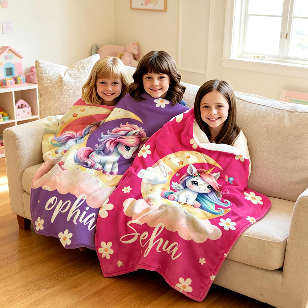 Personalized Pink Unicorn Moon Blanket with Name, Cute Fantasy Dreamy Soft Throw Blanket for Girls, Nursery Room Decor, Birthday Baby Shower Gift