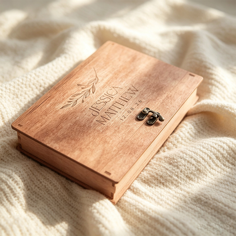 Personalized Wedding Photo Box with USB – Wooden Memory Keepsake Box for Couples