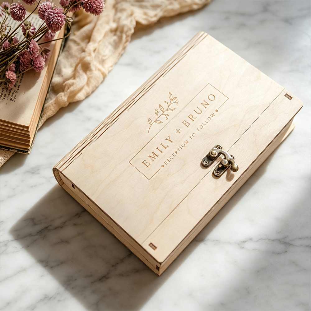Personalized Wedding Photo Box with USB – Wooden Memory Keepsake Box for Couples