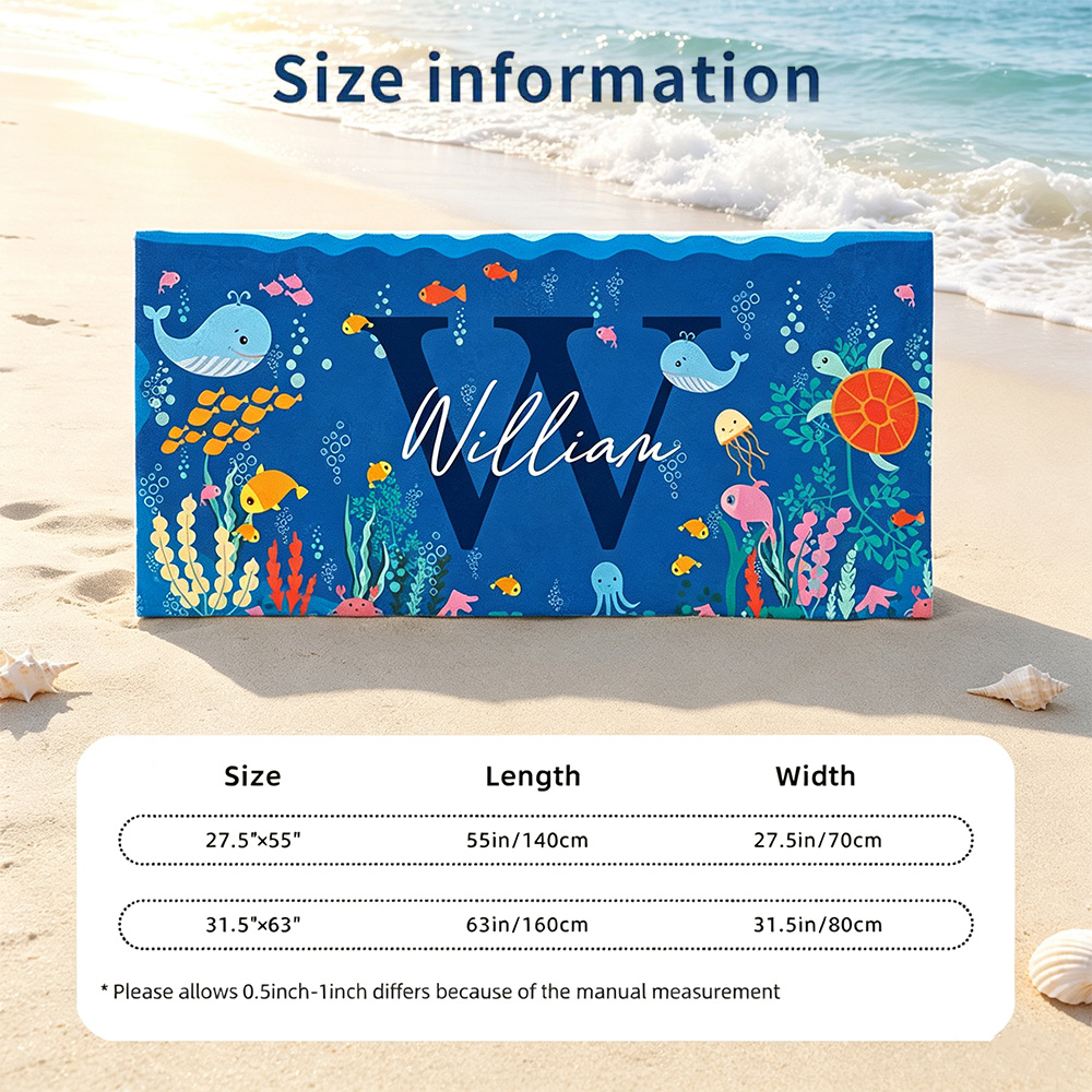 Personalized Ocean World Kids Beach Towel, Custom Name & Initial Oversized Quick-Dry Microfiber Towel, Gift for Boys & Girls