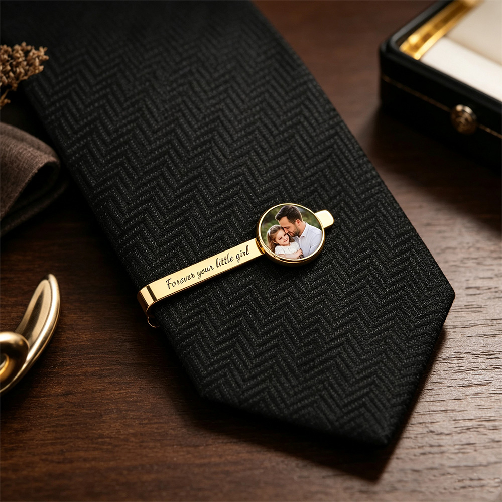 Personalized Photo Tie Clip for Dad - Custom Engraved "Father of the Bride" or "I Love You Dad" Necktie Bar - Stainless Steel Picture Tie Tack Gift for Wedding, Father's Day, Anniversary