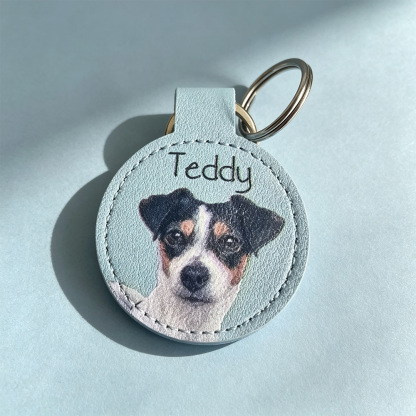 Personalized Pet Photo Leather Keychain – Custom Dog Portrait Key Ring with Name Engraving, 2” Round Gift for Pet Lovers