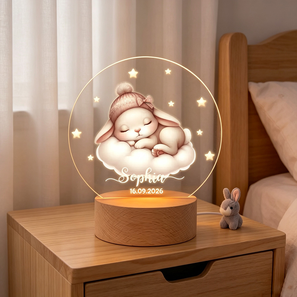 Personalized Sleeping Animals Moon & Stars LED Night Light with Name and Date, Wooden Base Nursery Decor, Custom Baby Shower Birthday Gift for Kids