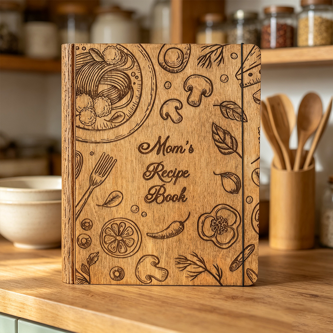 Personalized Wooden Recipe Book, Custom Engraved Cookbook Binder, Family Recipe Keepsake, Mother’s Day Gift for Mom