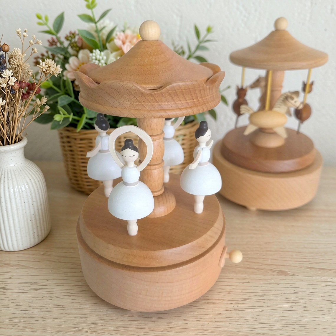 Personalized Baptism Music Box, Wooden Christening Gift for Baby, Engraved Keepsake Carousel, First Birthday Gift for Girl & Boy