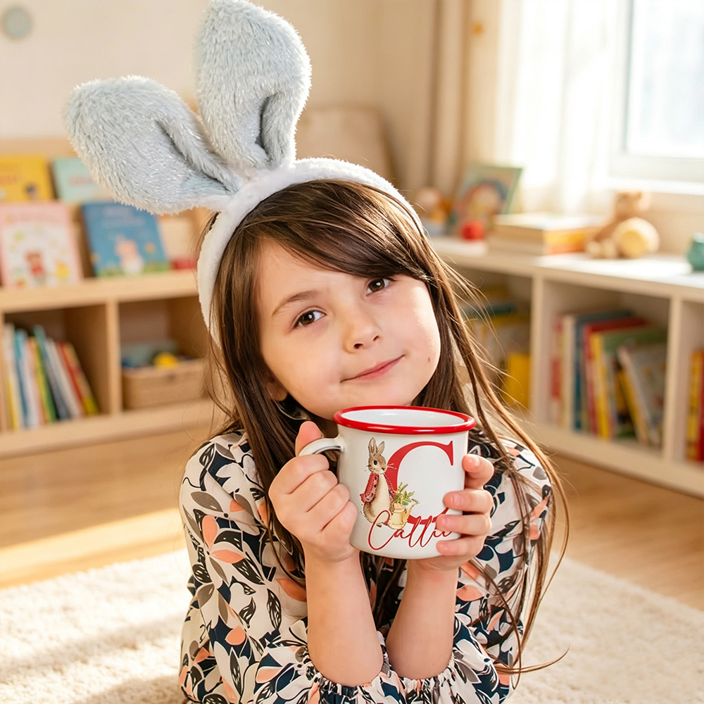 Personalised Watercolour Bunny Enamel Mug with Initial and Name, 12oz Children’s Camping Cup, Easter Birthday Gift for Kids
