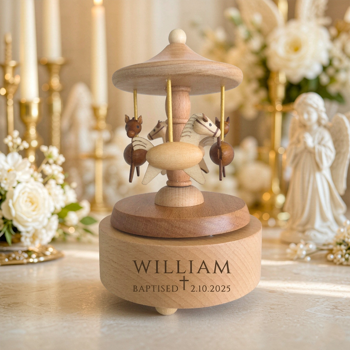 Personalized Baptism Music Box, Wooden Christening Gift for Baby, Engraved Keepsake Carousel, First Birthday Gift for Girl & Boy