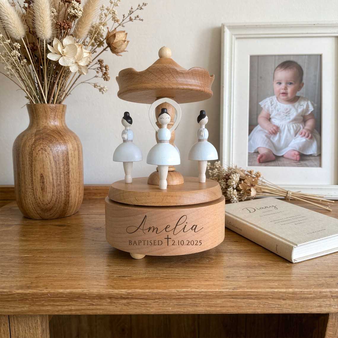 Personalized Baptism Music Box, Wooden Christening Gift for Baby, Engraved Keepsake Carousel, First Birthday Gift for Girl & Boy