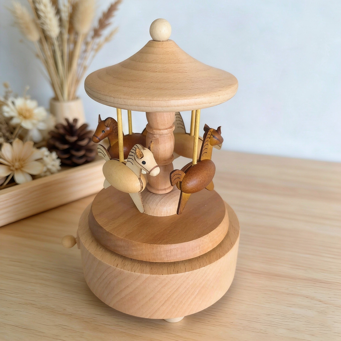 Personalized Baptism Music Box, Wooden Christening Gift for Baby, Engraved Keepsake Carousel, First Birthday Gift for Girl & Boy