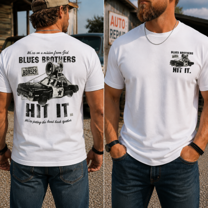 Blues Brothers "Hit It" Vintage Graphic Tee – Mission From God Retro Car & Loudspeaker Design T-Shirt