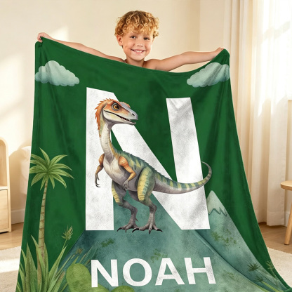 Personalized Cute Dinosaur Blanket for Kids with Name and Initial, Soft Fleece Throw Blanket, Custom Birthday Gift, Baby Shower Nursery Decor