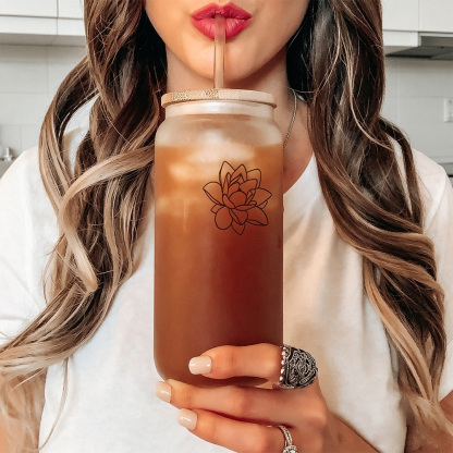Personalized Floral Glass Cup with Lid and Straw, Custom Name Iced Coffee Cup, Bridesmaid Gift, Bachelorette Party Gift for Her