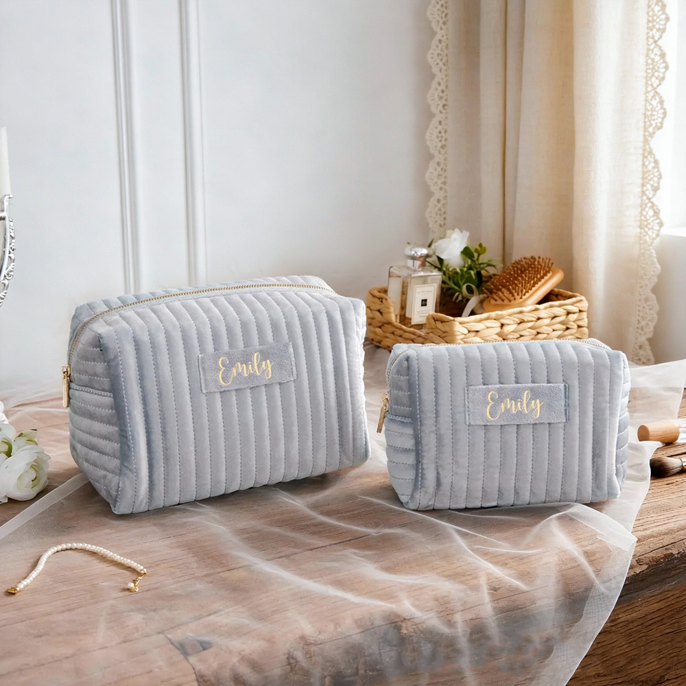 Personalized Corduroy Makeup Bag with Name, Quilted Cosmetic Pouch, Travel Toiletry Bag, Bridesmaid Gift for Her