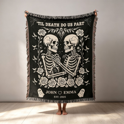 Personalized Skeleton Couple Blanket, Gothic Till Death Do Us Part Throw Blanket, Custom Wedding Anniversary Gift, Halloween Couple Gift