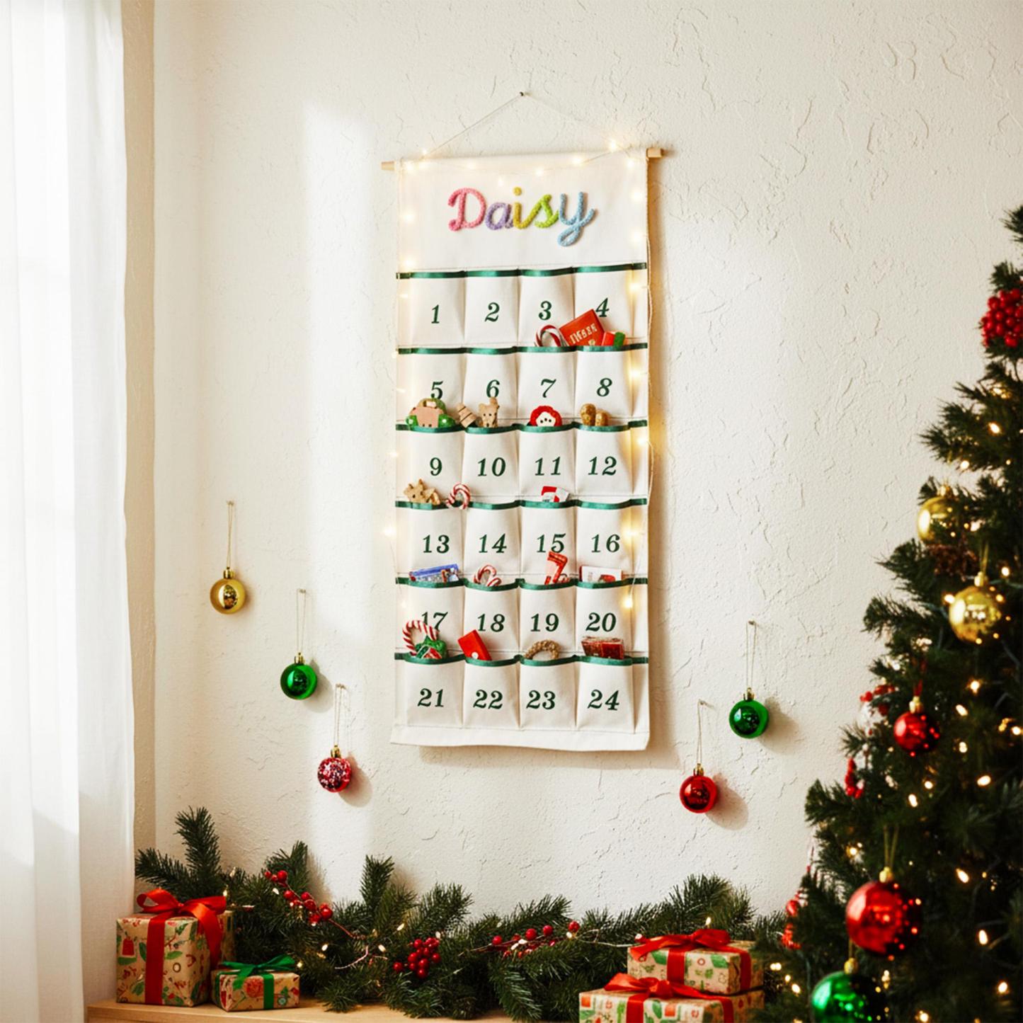 Personalized Christmas Advent Calendar – Custom Name Embroidered Fabric Countdown with 24 Pockets, Red or Green Strap, Reusable Holiday Decor for Kids & Families
