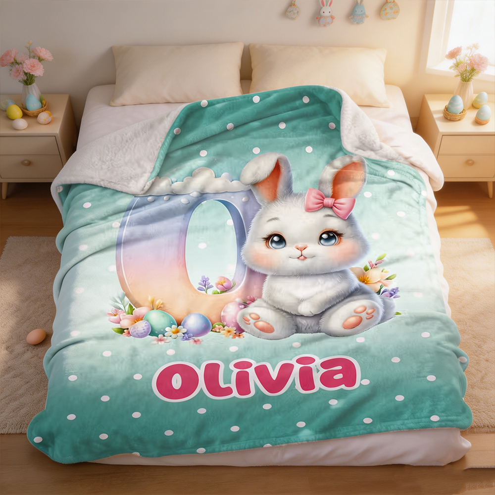 Personalized Easter Bunny Throw Blanket with Name, Cute Egg & Polka Dot Soft Blanket, Easter Gift for Kids & Family