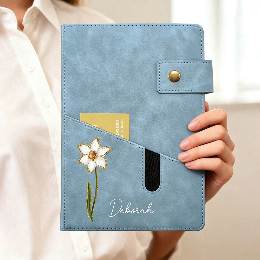 Personalized Birth Flower A5 Notebook with Custom Name, PU Leather Journal with Storage Pocket and Lined Pages, Birthday Gift for Friends and Family