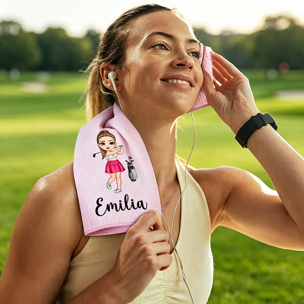 Personalized Cartoon Golfer Waffle Towel with Name, Custom Quick Dry Golf Towel with Clip, Cute Golf Accessories Gift for Men Women Golf Lovers