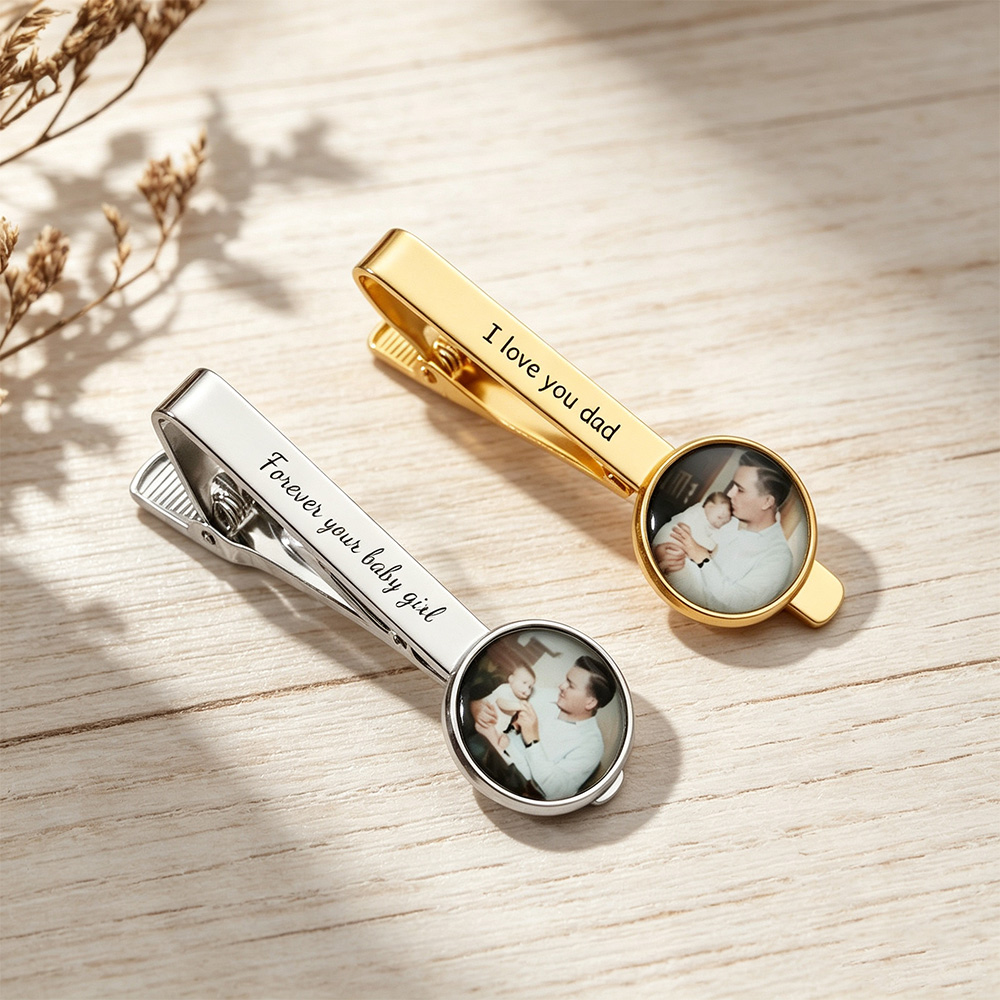Personalized Photo Tie Clip for Dad - Custom Engraved "Father of the Bride" or "I Love You Dad" Necktie Bar - Stainless Steel Picture Tie Tack Gift for Wedding, Father's Day, Anniversary