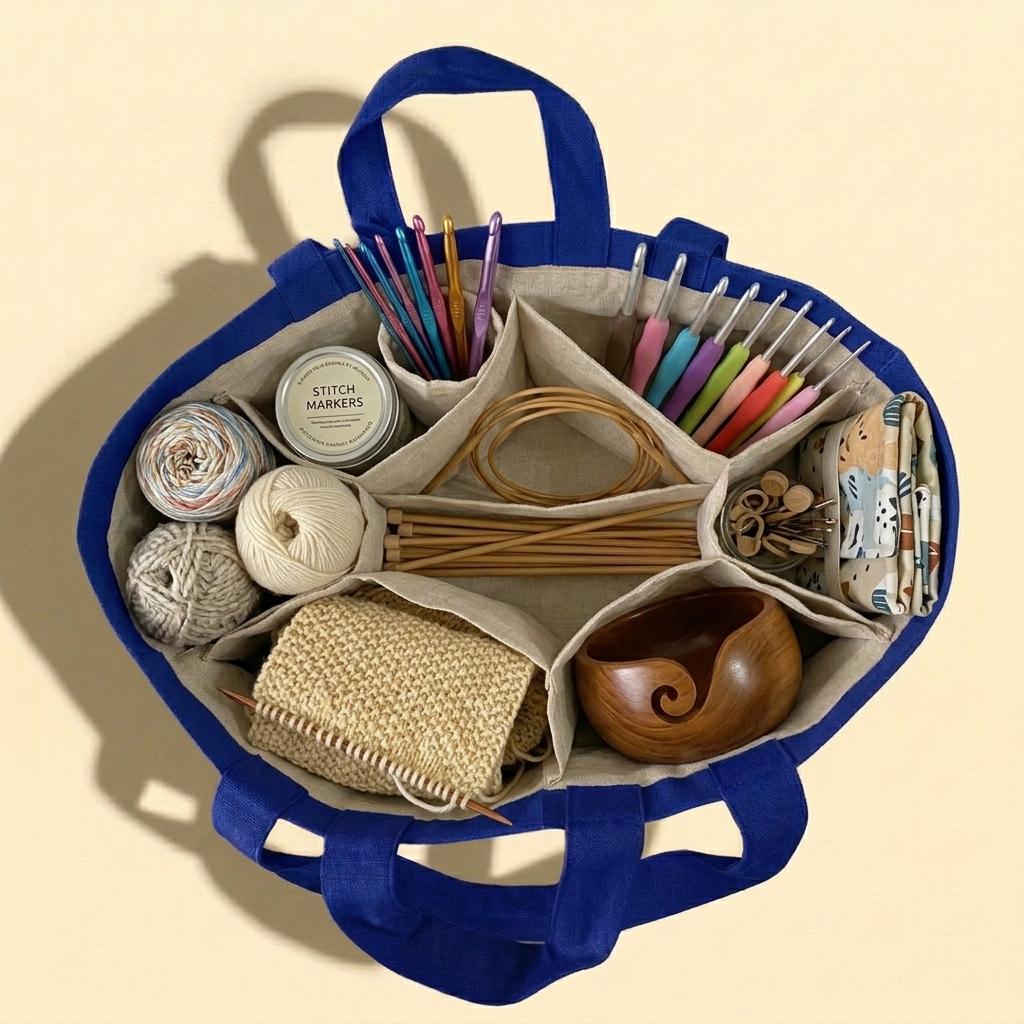 Large Canvas Knitting Project Tote – Multi-Pocket Yarn Organizer Bag with Shoulder Strap for Crochet, Sewing & Craft Supplies