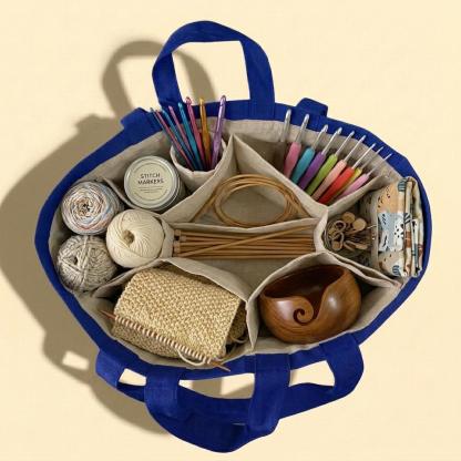  Large Canvas Knitting Project Tote – Multi-Pocket Yarn Organizer Bag with Shoulder Strap for Crochet, Sewing & Craft Supplies