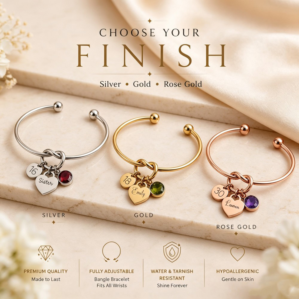 Personalized Birthstone Heart Bracelet, Custom Name Bracelet, Milestone Birthday Gift, Gold Knot Bangle Bracelet for Her, 13th 16th 18th 21st 30th Birthday