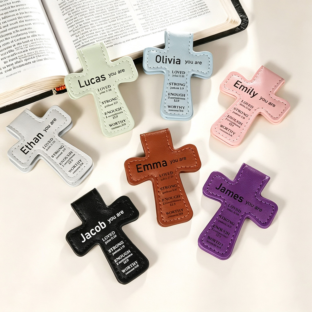 Personalized Cross Magnetic Bible Bookmark, Custom Name PU Leather Scripture Bookmark, Christian Gift for Baptism, Communion, Bible Lovers